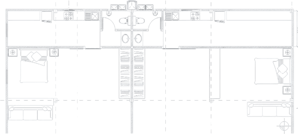 Floor plan of two mirrored apartments from a drawing set