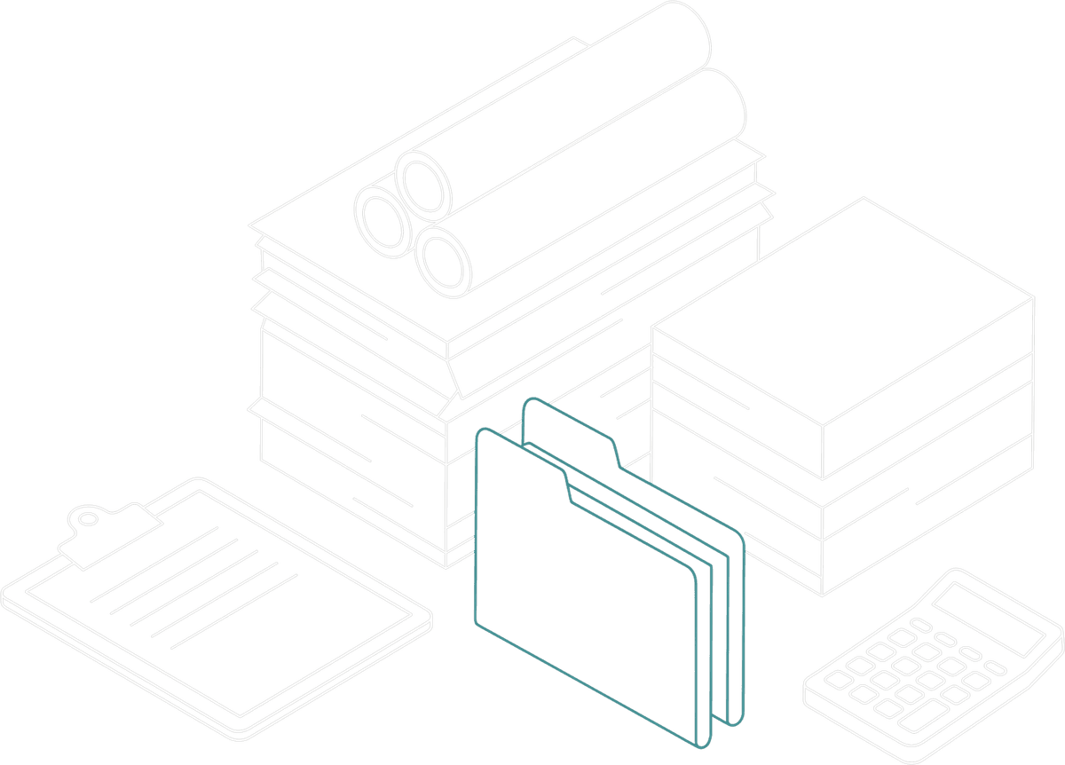 Stacks of drawing rolls and paperwork with a clipboard, a folder and a calculator