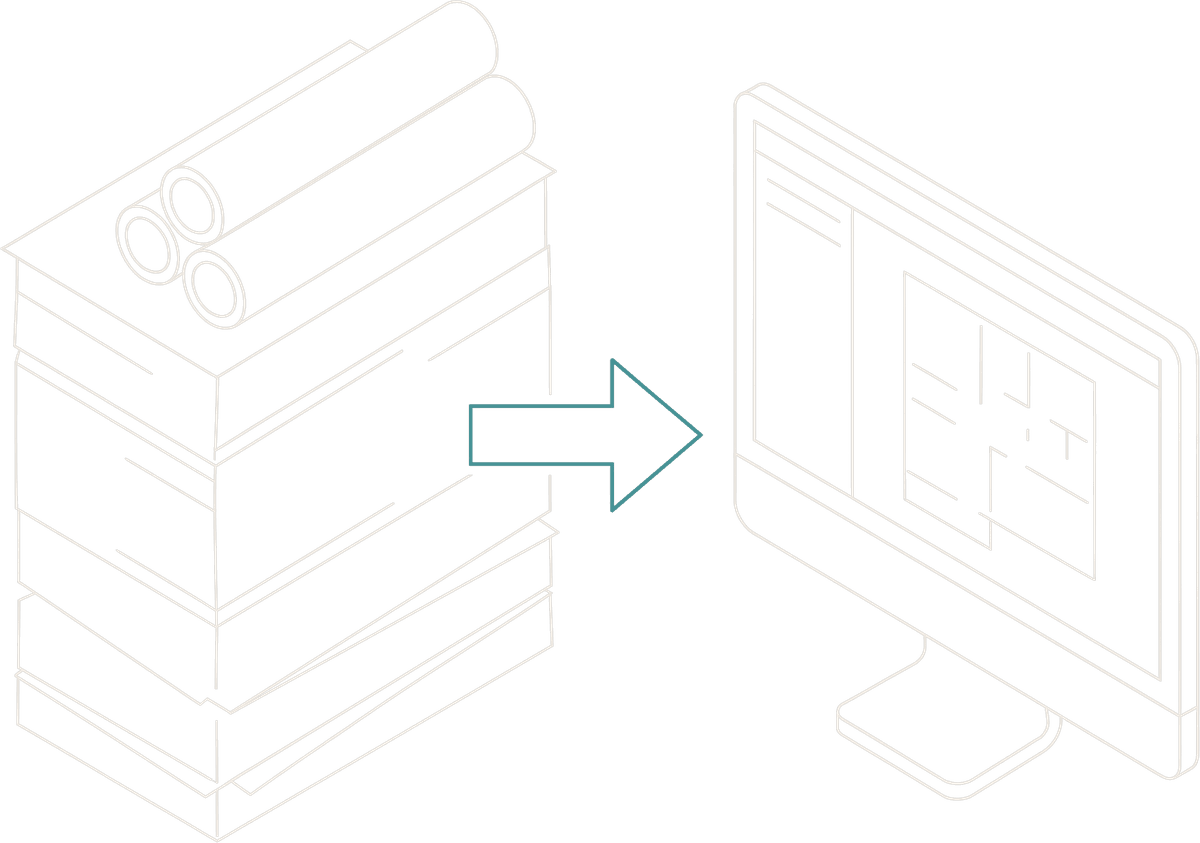 A stack of rolled plans becoming a floor plan on a monitor