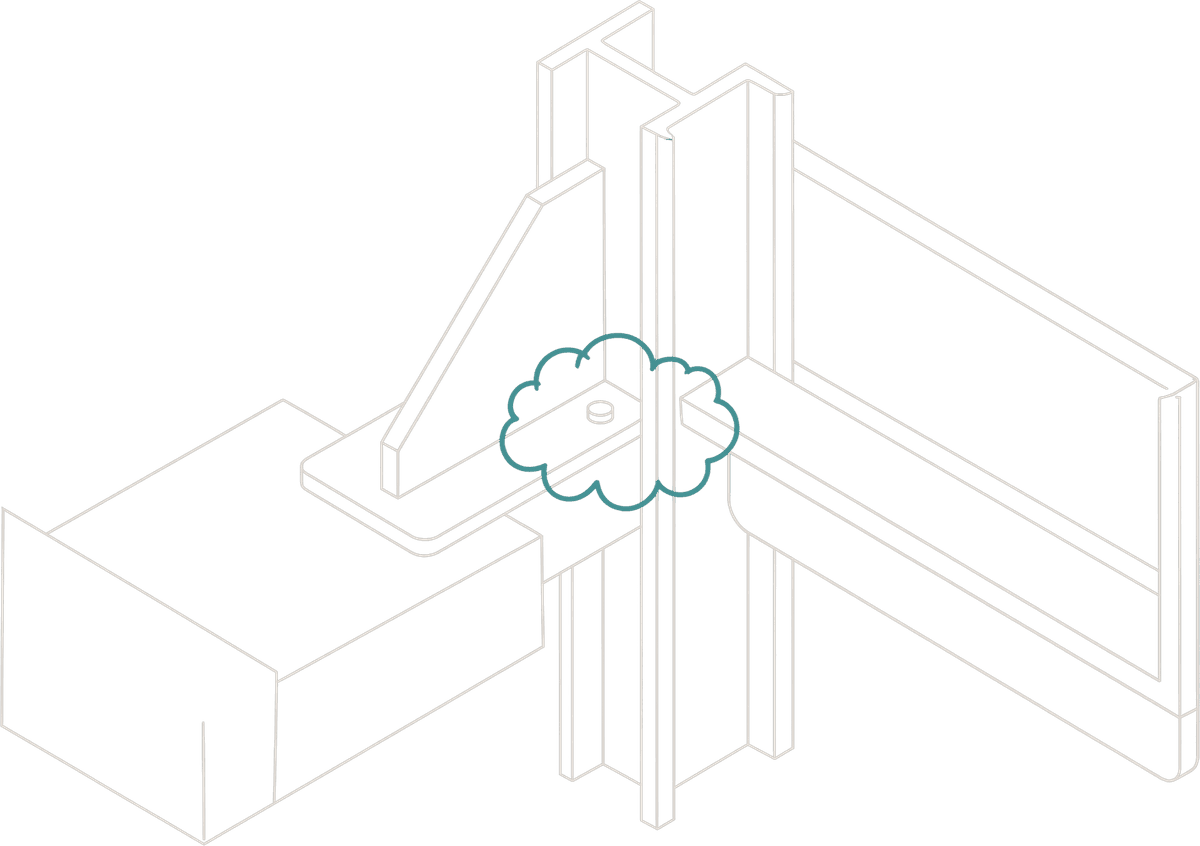 Steel beam-to-column connection with a revision cloud around a missed bolt